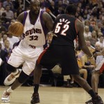 Phoenix Suns center Shaquille O'Neal, left, drives past Portland Trail Blazers center Greg Oden in the second quarter of an NBA basketball game Saturday, Nov. 22, 2008, in Phoenix. (AP Photo/Paul Connors)