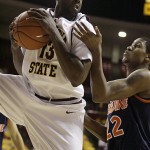 Arizona State guard James Harden, left, hauls in a rebound in front of Pepperdine forward Jonathan Dupre in the first half of an NCAA college basketball game Sunday, Nov. 23, 2008, in Tempe, Ariz. (AP Photo/Paul Connors)