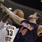 Arizona State guard James Harden, left, shoots behind Pepperdine center Corbin Moore during the second half of an NCAA college basketball game Sunday, Nov. 23, 2008, in Tempe, Ariz. Harden scored 33 points as Arizona State defeated Pepperdine 61-40. (AP Photo/Paul Connors)