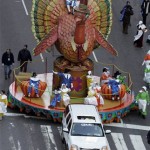 The turkey float makes its way down Broadway during the Macy's Thanksgiving Day parade in New York, Thursday, Nov. 27, 2008. (AP Photo/Jeff Christensen)
