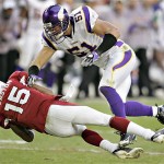 Minnesota Vikings Ben Leber (51) hits Arizona Cardinals wide receiver Steve Breaston (15) during the third quarter of an NFL football game Sunday, Dec. 14, 2008, in Glendale, Ariz. Leber was called for a personal foul on the play. The Vikings won 35-14. (AP Photo/Matt York)