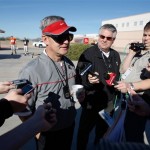 Ohio State head coach Jim Tressel speaks to the media before his team's practice Tuesday, Dec. 30, 2008 in Phoenix. Ohio State will face Texas in the Fiesta Bowl NCAA college football game on January 5th. (AP Photo/Aaron J. Latham)