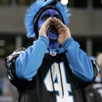 Kenneth Aker, of Indian Trail, N.C., shouts before an NFL divisional playoff football game between the Carolina Panthers and the Arizona Cardinals in Charlotte, N.C., Saturday, Jan. 10, 2009. (AP Photo/Gerry Broome)
