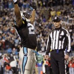 Carolina Panthers running back Jonathan Stewart (28) reacts after his touchdown run against the Arizona Cardinals in the first quarter of an NFL divisional playoff football game in Charlotte, N.C., Saturday, Jan. 10, 2009. (AP Photo/Chuck Burton)