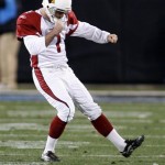 Arizona Cardinals kicker Neil Rackers (1) reacts after making a field goal during the second quarter against the Carolina Panthers in an NFL divisional playoff football game in Charlotte, N.C., Saturday, Jan. 10, 2009. (AP Photo/Rick Havner)