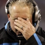 Carolina Panthers head coach John Fox reacts during the fourth quarter against the Arizona Cardinals in an NFL divisional playoff football game in Charlotte, N.C., Saturday, Jan. 10, 2009. (AP Photo/Chuck Burton)