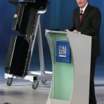 General Motors Corp. CEO Rick Wagoner introduces the Chevrolet Volt battery pack at the North American International Auto Show Monday, Jan. 12, 2009, in Detroit. GM said Monday it has picked LG Chem of South Korea to supply the lithium-ion battery cells for its Chevrolet Volt electric vehicle. (AP Photo/Jerry S. Mendoza)