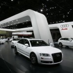 The Audi display is seen at the North American International Auto Show in Detroit, Tuesday, Jan. 13, 2009. (AP Photo/Carlos Osorio)