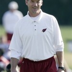 Arizona Cardinals coach Ken Whisenhunt grins as he talks with player as they stretch out during football practice Saturday, Jan. 24, 2009, at the team's practice facility in Tempe, Ariz. The Cardinals will play the Pittsburgh Steelers in Super Bowl XLIII in Tampa on Feb. 1. (AP Photo/Paul Connors)
