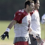 Arizona Cardinals quarterbacks Kurt Warner, left, and Matt Leinart, right, stretch out during football practice Saturday, Jan. 24, 2009, at the team's practice facility in Tempe, Ariz. The Cardinals will play the Pittsburgh Steelers in Super Bowl XLIII in Tampa on Feb. 1. (AP Photo/Paul Connors)
