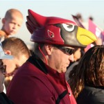 An Arizona Cardinals fan shows his spirit with a hat at the team's sendoff rally at Sky Harbor Airport on Monday, January 26, 2009. The team is headed to Tampa Bay, Florida for Super Bowl XLIII. (Jim Cross/KTAR)