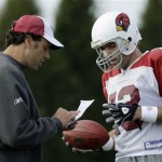 Arizona Cardinals' Kurt Warner, right, talks with offensive coordinator Todd Haley during afternoon practice at the Tampa Bay Buccaneers training facility Wednesday, Jan. 28, 2009, in Tampa, Fla. The Cardinals will face the Pittsburgh Steelers in Super Bowl XLIII on Sunday in Tampa. (AP Photo/Ross D. Franklin)