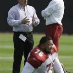 Arizona Cardinals president Michael Bidwill, left, talks with head coach Ken Whisenhunt, right, as Deuce Lutui (76) stretches during football practice at the Tampa Bay Buccaneers training facility Wednesday, Jan. 28, 2009, in Tampa, Fla. The Cardinals will face the Pittsburgh Steelers in Super Bowl XLIII on Sunday in Tampa. (AP Photo/Ross D. Franklin)