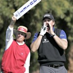 Phil Mickelson yells fore after hitting from the fifth tee during the first round of the FBR Open golf tournament Thursday, Jan. 29, 2009 in Scottsdale, Ariz. (AP Photo/Matt York)