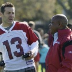 Arizona Cardinals' Kurt Warner, left, talks with general manager Rod Graves after the team's morning walk-through at the Tampa Bay Buccaneers training facility Saturday, Jan. 31, 2009, in Tampa, Fla. The Cardinals will face the Pittsburgh Steelers in Super Bowl XLIII in Tampa, on Sunday. (AP Photo/Ross D. Franklin)