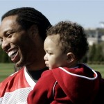 Arizona Cardinals' Larry Fitzgerald, left, smiles while holding his son Devin Fitzgerald, 1, after the team's morning walk through at the Tampa Bay Buccaneers training facility Saturday, Jan. 31, 2009, in Tampa, Fla. The Cardinals will face the Pittsburgh Steelers in Super Bowl XLIII in Tampa, on Sunday. (AP Photo/Ross D. Franklin)