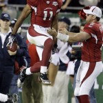Arizona Cardinals wide receiver Larry Fitzgerald (11) celebrates his touchdown with his teammate Brian St. Pierre during the fourth quarter of the NFL Super Bowl XLIII football game against the Pittsburgh Steelers, Sunday, Feb. 1, 2009, in Tampa, Fla. (AP Photo/Gene J. Puskar)