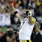 Pittsburgh Steelers quarterback Ben Roethlisberger reacts after throwing a touchdown pass during the fourth quarter of the NFL Super Bowl XLIII football game against the Arizona Cardinals, Sunday, Feb. 1, 2009, in Tampa, Fla. (AP Photo/Winslow Townson)