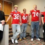Ohio State head football coach Jim Tressel, left, stands with recruits Storm Klein (32), Zach Boren (44), Jack Mewhort (74) and Adam Homan (49) during a news conference on National Signing Day Wednesday, Feb. 4, 2009, in Columbus, Ohio. (AP Photo/Terry Gilliam)