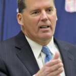 Connecticut football coach Randy Edsall gestures while speaking to the media in East Hartford, Conn., on national signing day, Wednesday, Feb. 4, 2009. (AP Photo/Jessica Hill)