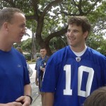 Indianapolis Colts' Peyton Manning, left, and New York Giants' Eli Manning talk outside their hotel in Kapolei, Hawaii, Tuesday, Feb. 3, 2009. The Mannings are the first quarterback-playing brothers chosen for the same Pro Bowl. (AP Photo/Jaymes Song)