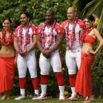 Pittsburgh Steelers Pro Bowl players, from left, Troy Polamalu, James Harrison, and James Farrior pose with two hula dancers at the Ihilani Resort and Spa Friday, Feb. 6, 2009, in Kapolei, Hawaii. (AP Photo/Marco Garcia)