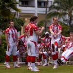 AFC teammates, including Peyton Manning, second from right foreground, attend the AFC Pro Bowl NFL football team photo session at the Ihilani Resort and Spa, Friday, Feb. 6, 2009, in Kapolei, Hawaii. (AP Photo/Marco Garcia)