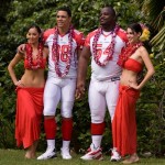 Kansas City teammates Tony Gonzalez, second from left, and Brian Waters, second from right, pose with models at the AFC Pro Bowl NFL football team photo session at the Ihilani Resort and Spa, Friday, Feb. 6, 2009, in Kapolei, Hawaii. (AP Photo/Marco Garcia)