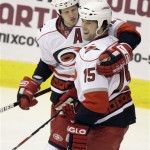 Carolina Hurricanes center Eric Staal, left, congratulates teammate Tuomo Ruutu, right, of Finland, after Ruutu's goal against the Phoenix Coyotes in the first period of an NHL hockey game Saturday, Feb. 7, 2009, in Glendale, Ariz. (AP Photo/Paul Connors)