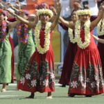 Hula dancers perform in the pregame show at the Pro Bowl NFL football game at Aloha Stadium, Sunday, Feb. 8, 2009, in Honolulu. (AP Photo/Ronen Zilberman)