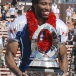 NFC receiver Larry Fitzgerald, of the Arizona Cardinals, holds the MVP trophy after the Pro Bowl NFL football game, at Aloha Stadium, in Honolulu Sunday, Feb. 8, 2009. Fitzgerald caught five passes for 81 yards and two touchdowns as the NFC rallied to a 30-21 victory over the AFC. (AP Photo/Ronen Zilberman)