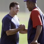 Cleveland Indians pitchers Rafael Betancourt, left, and Fausto Carmona shake hands at spring training baseball Thursday, Feb 12, 2009, in Goodyear, Ariz. (AP Photo/Paul Connors)