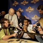 Cleveland Cavaliers forward LeBron James talks to the media Friday, Feb. 13, 2009 at the NBA All Star basketball game media availability in Phoenix. (AP Photo/Matt York)