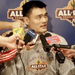 Houston Rockets center Yao Ming, of China, talks to the media, Friday, Feb. 13, 2009, at the NBA All Star basketball game media availability in Phoenix. (AP Photo/Matt York)
