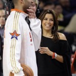 Actress Eva Longoria-Parker visits with her husband, Western All-Star Tony Parker (9), of France, who plays for the San Antonio Spurs, before the start of the NBA All-Star basketball game Sunday, Feb. 15, 2009, in Phoenix. (AP Photo/Matt York)