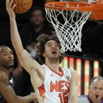 Western All-Star Pau Gasol (16), of Spain, with the Los Angeles Lakers, takes a shot during the NBA All-Star basketball game Sunday, Feb. 15, 2009, in Phoenix. (AP Photo/Matt Slocum)
