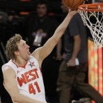 Western All-Star Dirk Nowitzki (41), of Germany, with the Dallas Mavericks delivers the ball to the basket during the NBA All-Star basketball game Sunday, Feb. 15, 2009, in Phoenix. (AP Photo/Matt Slocum)