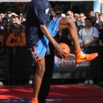 Oklahoma City Thunder's Kevin Durant attempts a between the legs layup at the HORSE competition in Phoenix, Saturday, February 14, 2009. Durant missed the layup and received a letter. (Tyler Bassett/KTAR) 