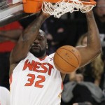 Western All-Star Shaquille O'Neal (32), of the Phoenix Suns, dunks in the second half of the NBA All-Star basketball game Sunday, Feb. 15, 2009, in Phoenix. (AP Photo/Matt Slocum)