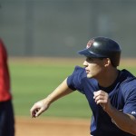 Cleveland Indians' Grady Sizemore, right, works on his base running as manager Eric Wedge, left, looks on during morning workouts at the Indians spring training facility Tuesday, Feb. 17, 2009, in Goodyear, Ariz. (AP Photo/Ross D. Franklin)