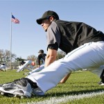 Toronto Blue Jays catcher J.P. Arencibia warms up during a spring training baseball workout in Dunedin, Fla., Tuesday, Feb. 17, 2009. (AP Photo/The Canadian Press,Mike Carlson)
