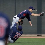 Cleveland Indians centerfielder Grady Sizemore, top, collides with right fielder Shin-Soo Choo, of South Korea, while fielding fly balls during spring training baseball workouts Sunday, Feb 22, 2009, in Goodyear, Ariz. (AP Photo/Paul Connors)