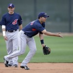 Cleveland Indians shortstop Jhonny Peralta, front, flips the ball to second base while fielding ground balls as Asadrubal Cabrera ,rear, looks on during spring training baseball workouts Sunday, Feb 22, 2009, in Goodyear, Ariz. (AP Photo/Paul Connors)