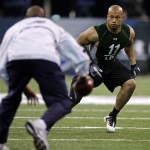 Ohio State linebacker Marcus Freeman runs a drill at the NFL football scouting combine in Indianapolis, Monday, Feb. 23, 2009. (AP Photo/Darron Cummings)