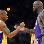 Los Angeles Lakers guard Kobe Bryant, left, and Phoenix Suns center Shaquille O'Neal greet each other prior to their NBA basketball game Thursday, Feb. 26, 2009, in Los Angeles. (AP Photo/Mark J. Terrill)