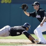Chicago White Sox's Brandon Allen (60) dives back to first as Colorado Rockies first baseman Joe Koshansky awaits the pickoff toss in the third inning Thursday, Feb. 26, 2009, during a spring training baseball game in Tucson, Ariz. Allen, who singled earlier, was safe. (AP Photo/Elaine Thompson)
