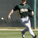 Oakland Athletics right fielder Jack Cust chases a ball from Arizona Diamondbacks' Ryan Roberts in the first inning Sunday, March 1, 2009, during a spring training baseball game in Tucson, Ariz. (AP Photo/Elaine Thompson)