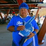 Alberto Valzuela, from Los Angeles, a die-hard Dodgers fan, dressed to support his favorite team at their home opening spring training game, Sunday, March 1, 2009. (Rose Clements/KTAR)