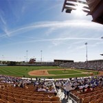 Fans watch the first game to be played at Camelback Ranch between the Los Angeles Dodgers and Chicago White Sox during the fifth inning of a spring training baseball game Sunday, March 1, 2009, in Phoenix. (AP Photo/Morry Gash)