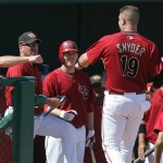 Arizona Diamondbacks Chris Snyder (19) is congratulated by teammates in the dugout including manager Bob Melvin, left, after he scored during the third inning against the Los Angeles Angels Saturday, March 7, 2009, during an exhibition spring baseball game in Tucson, Ariz. (AP Photo/Ed Andrieski)